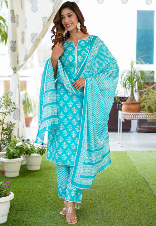 Printed Cotton Pakistani Suit in Blue