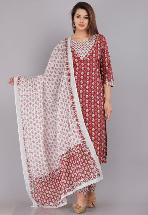 Printed Cotton Pakistani Suit in Dark Old Rose