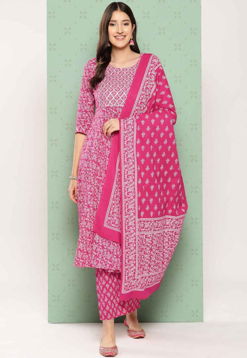Printed Cotton Pakistani Suit in Fuchsia