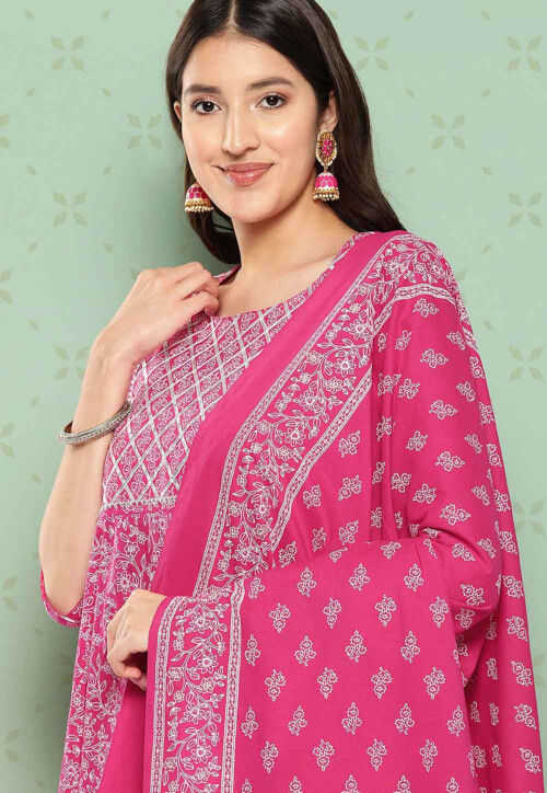 Printed Cotton Pakistani Suit in Fuchsia