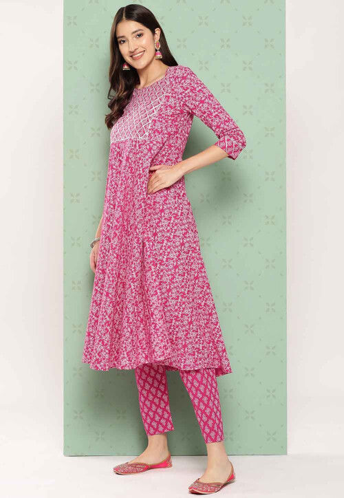 Printed Cotton Pakistani Suit in Fuchsia