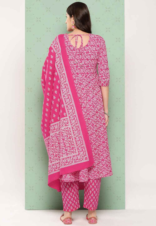 Printed Cotton Pakistani Suit in Fuchsia