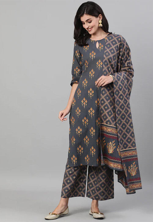Printed Cotton Pakistani Suit in Grey