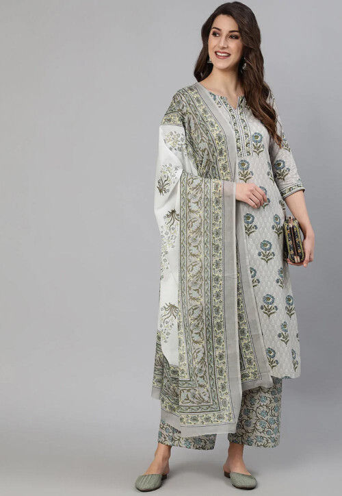 Printed Cotton Pakistani Suit in Grey