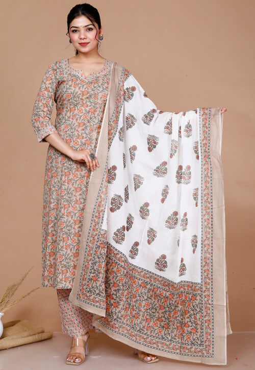 Printed Cotton Pakistani Suit in Light Brown