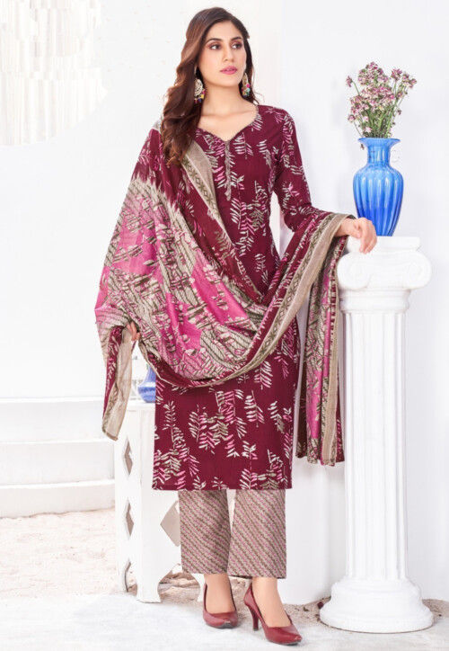Printed Cotton Pakistani Suit in Maroon