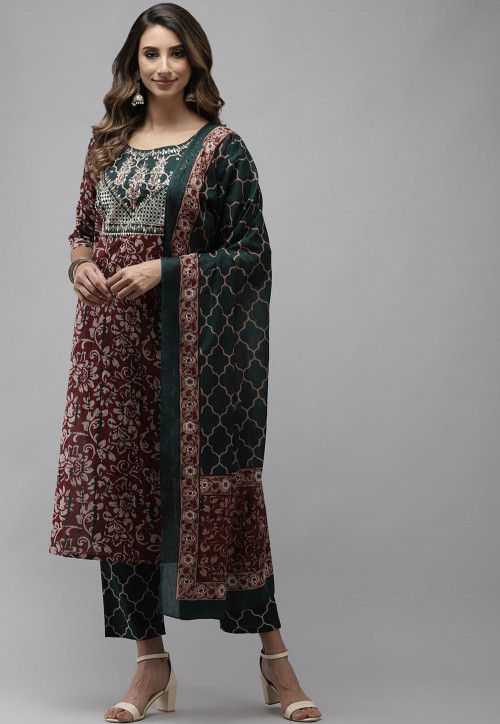 Printed Cotton Pakistani Suit in Maroon