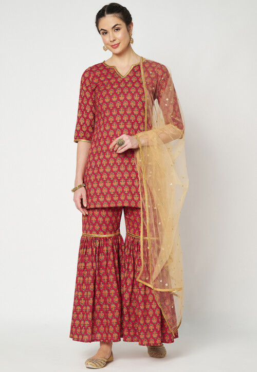 Printed Cotton Pakistani Suit in Maroon