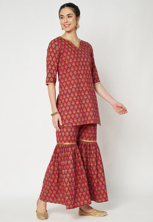 Printed Cotton Pakistani Suit in Maroon