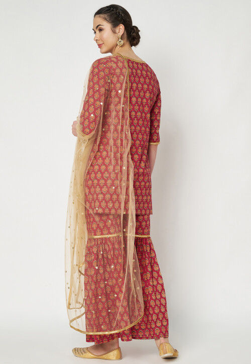 Printed Cotton Pakistani Suit in Maroon