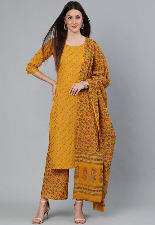 Printed Cotton Pakistani Suit in Mustard