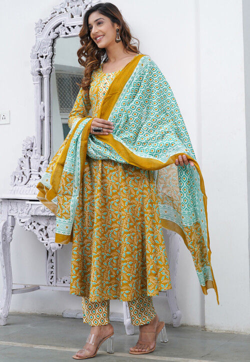 Printed Cotton Pakistani Suit in Mustard