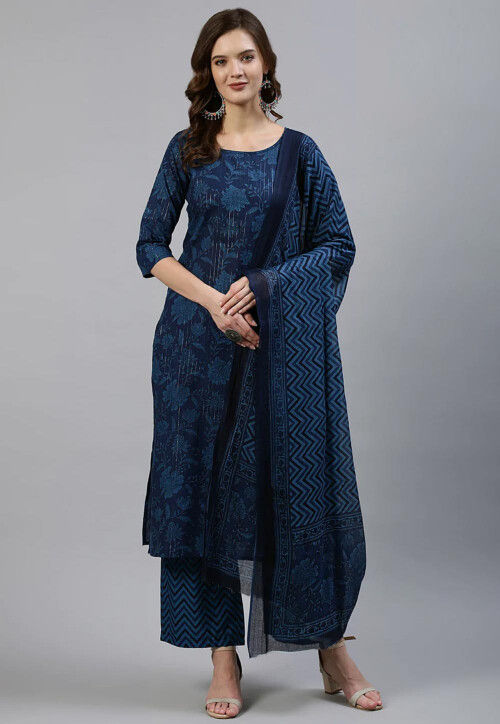 Printed Cotton Pakistani Suit in Navy Blue