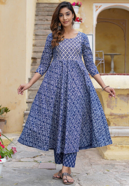 Printed Cotton Pakistani Suit in Navy Blue