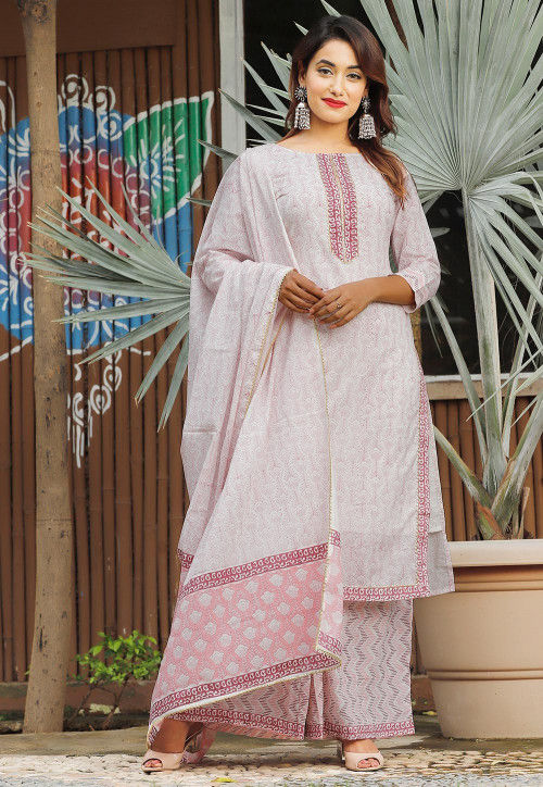 Buy Printed Cotton Pakistani Suit in Off White and Pink Online KER112 Utsav Fashion