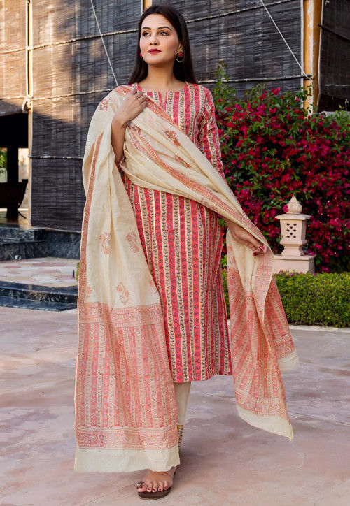 Printed Cotton Pakistani Suit in Pink and Beige