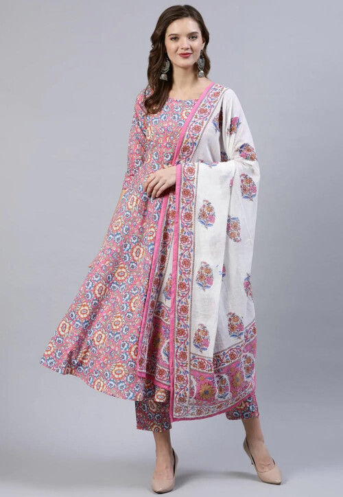 Printed Cotton Pakistani Suit in Pink