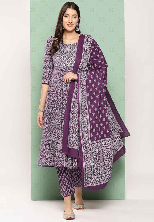 Printed Cotton Pakistani Suit in Purple