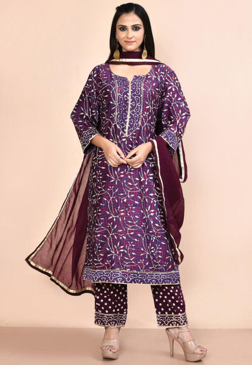 Printed Cotton Pakistani Suit in Purple