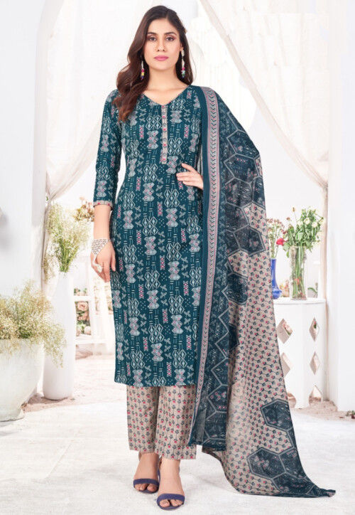 Printed Cotton Pakistani Suit in Teal Blue