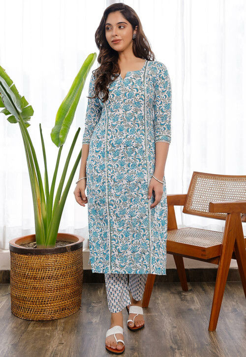 Buy Printed Cotton Pakistani Suit in White and Blue Online : KMM186 - Utsav  Fashion