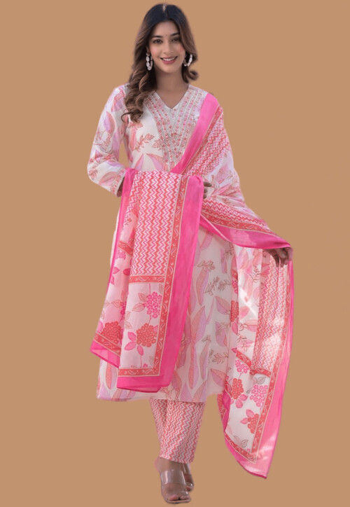 Printed Cotton Pakistani Suit in White and Pink