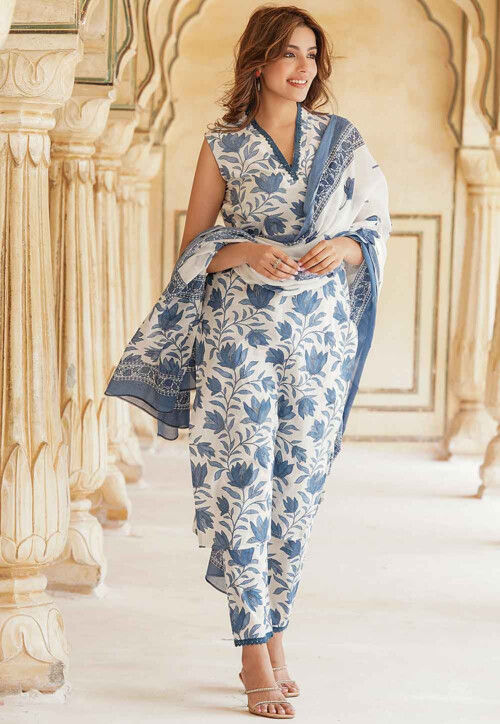 Printed Cotton Pakistani Suit in White
