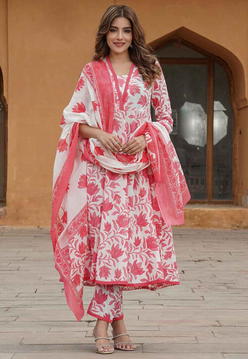 Printed Pure Cotton Pakistani Suit in Off White : KPX134