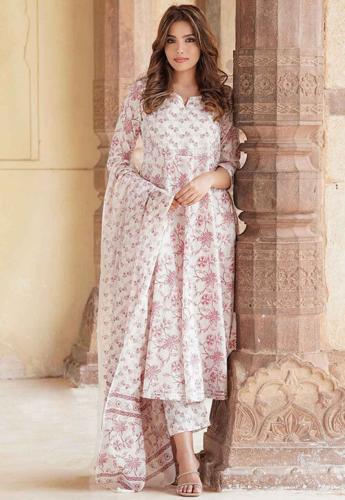 Printed Cotton Pakistani Suit in White