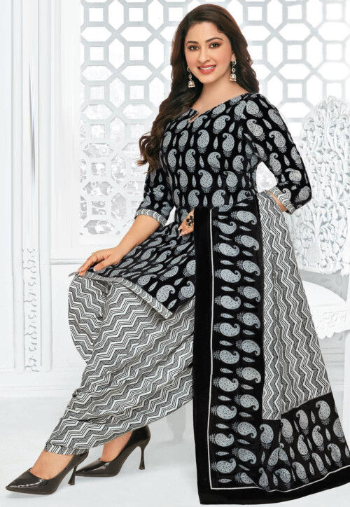 Printed Cotton Punjabi Suit in Black