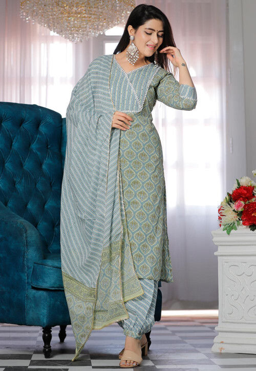 Buy Cotton Beige Print Work Punjabi Suit | Punjabi Patiala Suits