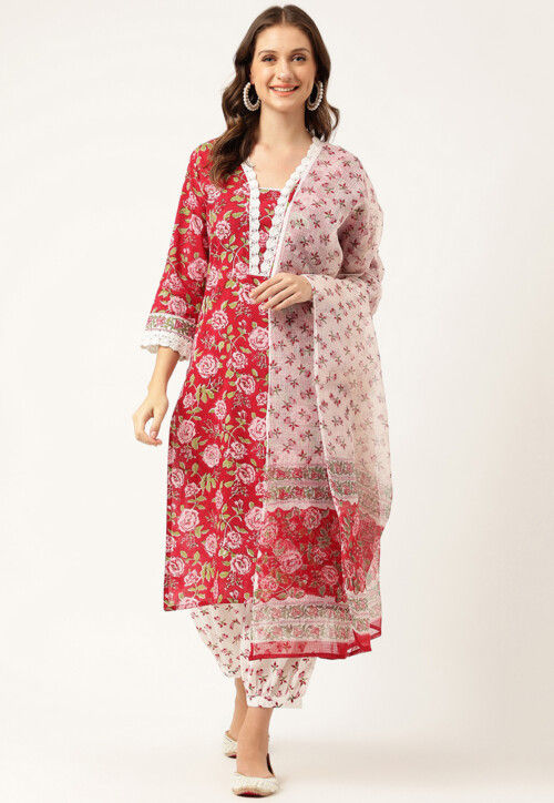Printed Cotton Punjabi Suit in Maroon