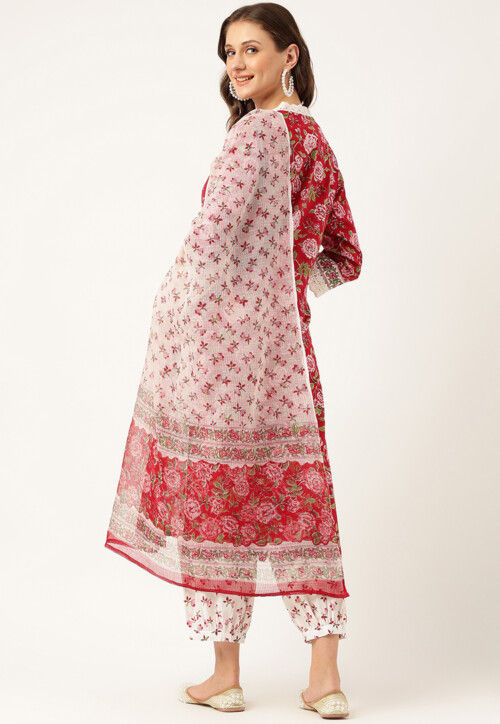 Printed Cotton Punjabi Suit in Maroon