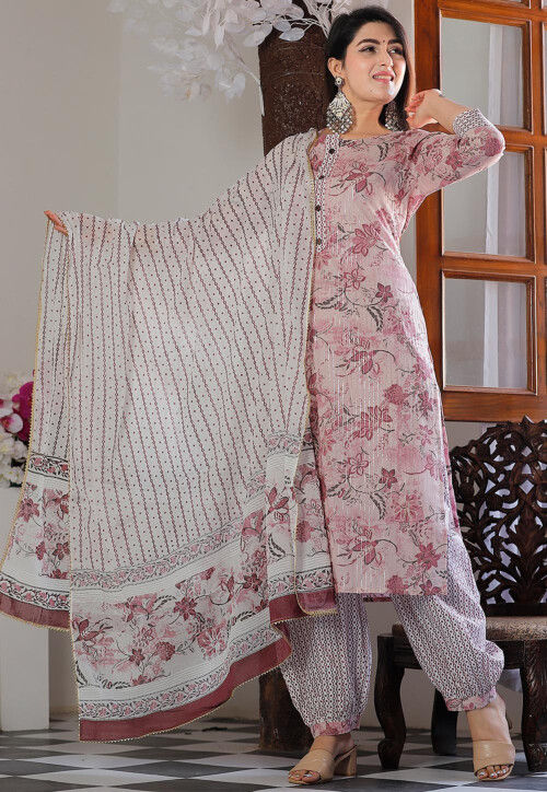 Printed Cotton Punjabi Suit in Pink