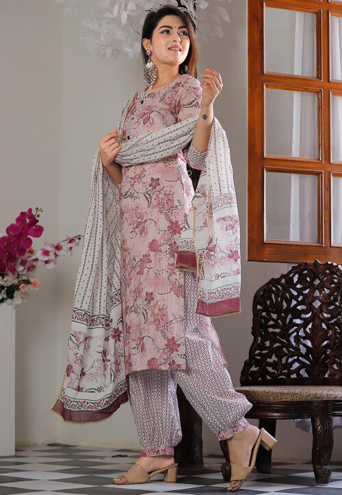 Printed Cotton Punjabi Suit in Pink