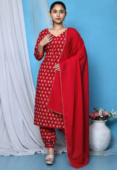 Red cotton suit design shop