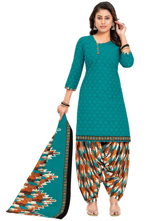 Printed Cotton Punjabi Suit in Sea Green