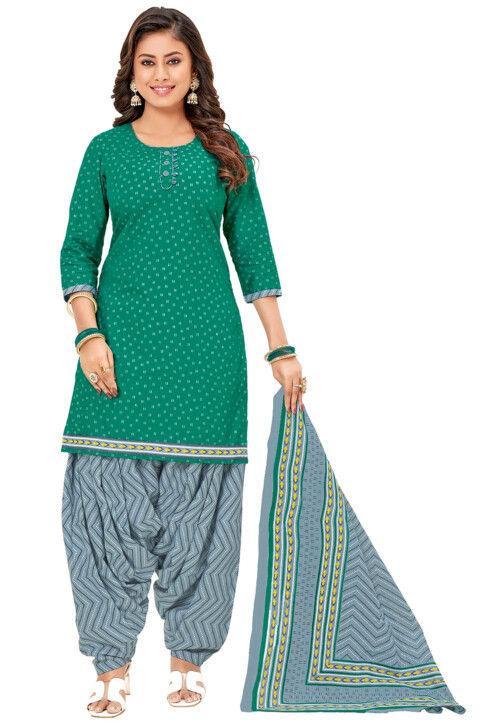 Printed Cotton Punjabi Suit in Teal Green