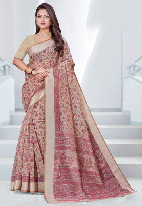 Printed Cotton Saree in Beige