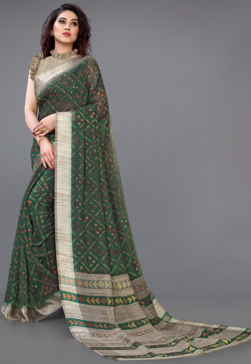 Printed Cotton Saree in Dark Green