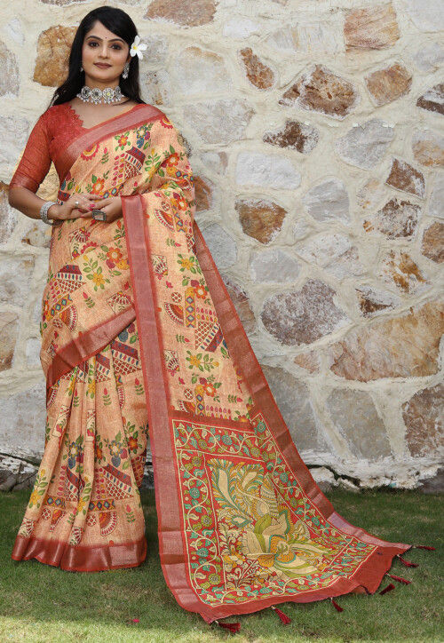 Printed Cotton Saree in Peach