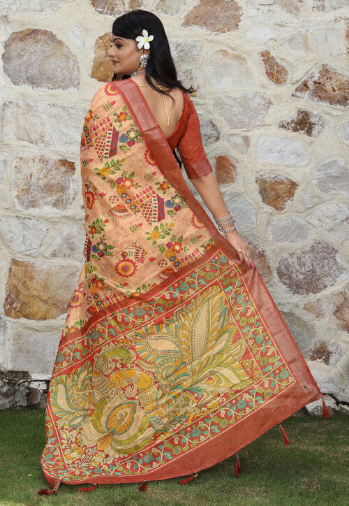 Printed Cotton Saree in Peach