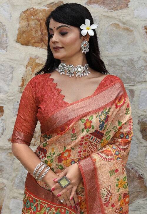 Printed Cotton Saree in Peach