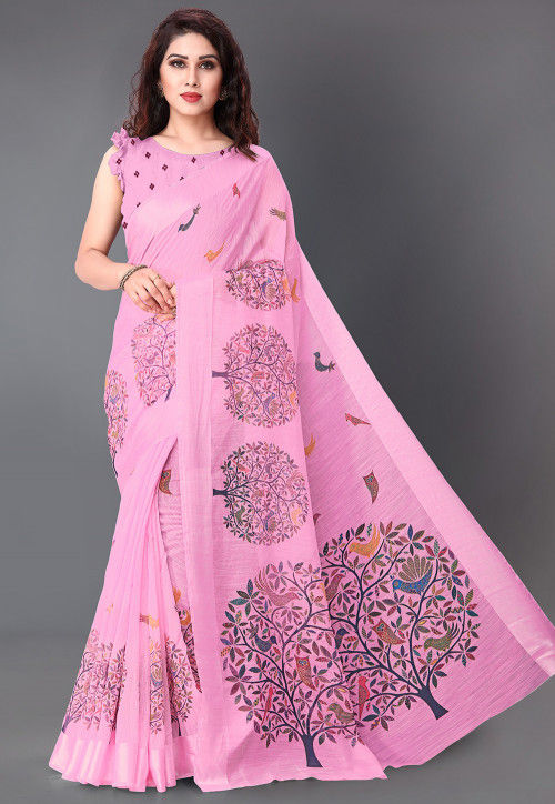 Printed Cotton Saree in Pink