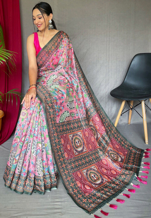 Printed Cotton Saree in Pink