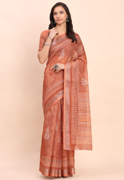 Printed Cotton Saree in Rust