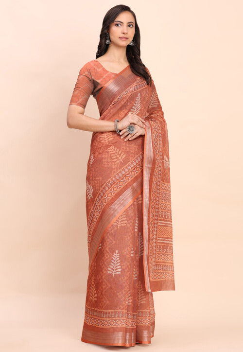 Printed Cotton Saree in Rust
