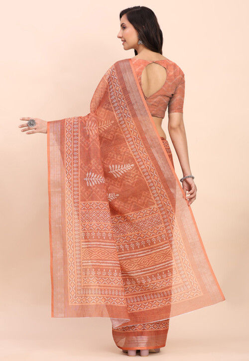 Printed Cotton Saree in Rust
