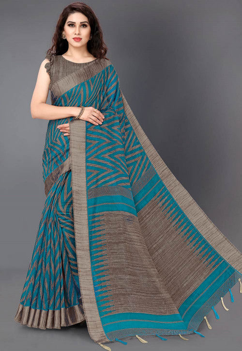 Grey Saree with Blue Border -Kalyani Cotton Saree -VS484