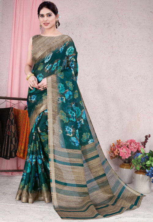 Printed Cotton Saree in Teal Green